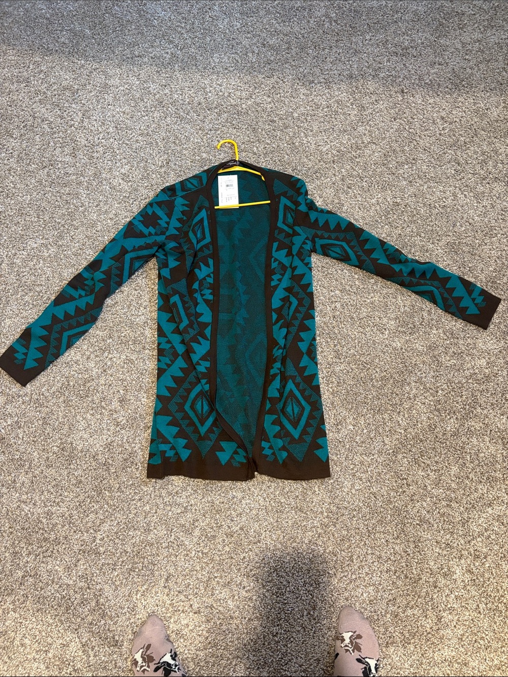 Aztec Open-Front Teal and Brown Knit Cardigan